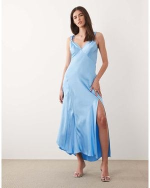 Never Fully Dressed Sofia Satin Knot Strap Bias Cut Maxi Dress - Blue
