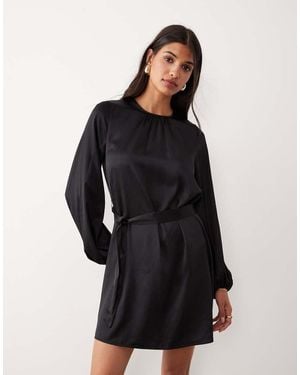 Vila Balloon Sleeve Satin Tie Waist Mini Dress - Black