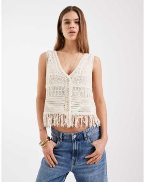 ONLY Crochet Knit Waistcoat With Fringe - Blue