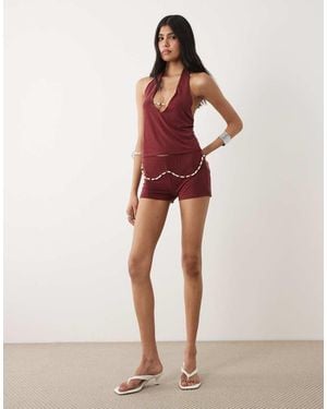Motel Nissa Mini Short Wtih Pearl Detail - Red