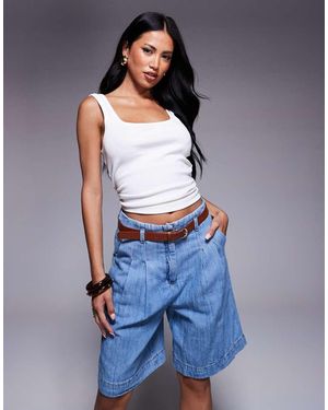 ASOS Denim Bermuda Short With Belt With Linen - Blue