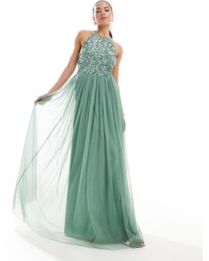 Maya Embellished Halter Neck Maxi Dress - Green