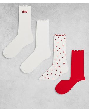 Lindex Pack De 4 Pares De Calcetines Blanco Hueso Y Rojos Con Bordes Ondulados Y Estampado De San Valentín De - Multicolor