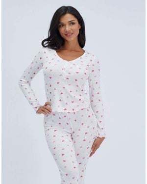 Boux Avenue Heart Ribbed Long Pyjama Set Top And Leggings Nightwear Pj - White