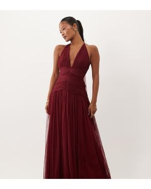 LACE & BEADS Tulle Halter Neck Drop Waist Open Back Maxi Dress - Red