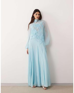 ARRANGE Applique Floral Tie Neck Blouson Sleeve Trapeze Maxi Dress - Blue