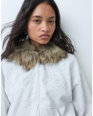 Hollister Logo Graphic Zip Through Hoodie With Fur Trim - Grey