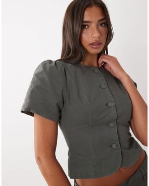 Lioness Femme Cotton Puff Sleeve Button Up Blouse - Gray