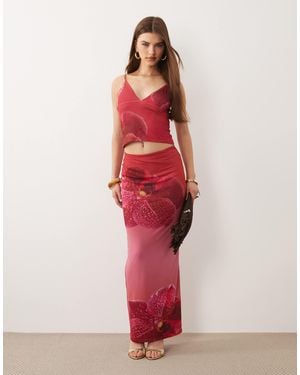 Kaiia Exclusive Slinky Mesh Maxi Skirt Co-ord - Red