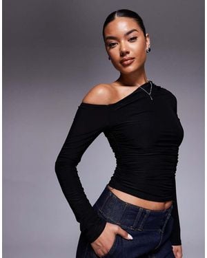 Kaiia Exclusive Double Layered Slinky Off Shoulder Long Sleeve Top - Blue