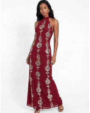Maya Floral Embellishment Halter Neck Open Back Maxi Dress - Red