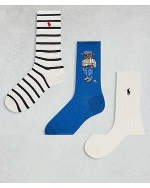 Polo Ralph Lauren 3 Pack Of Bear, Striped And Cable Socks - Blue