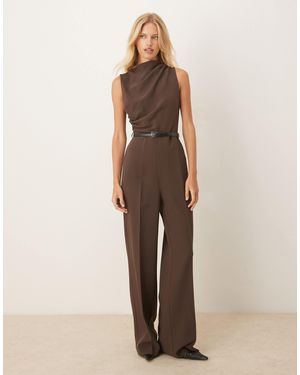 Mango Drape Neck Sleeveless Belted Jumpsuit - Natural