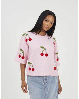 Brave Soul Short Sleeve Cherry Jacquard Knit Jumper - Pink