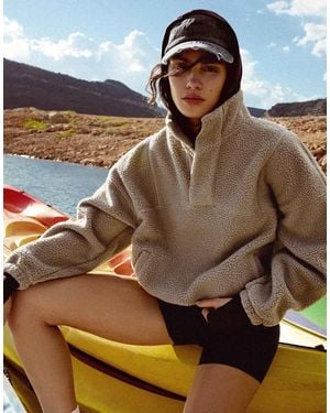 Bershka Fleece Half-Length Zip Sweatshirt - Natural