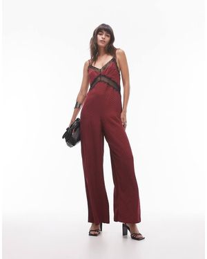 TOPSHOP Tuta Jumpsuit Midi Bordeaux Jacquard Con Bustino - Rosso