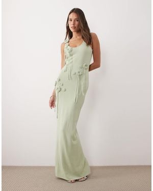 Wanderdoll Exclusive Lillie Knitted Scoop Neck Corsage Tassel Detail Maxi Dress - Green
