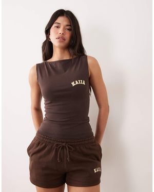 Kaiia Studio Cotton Rich Embroidered Logo Tank Top Co-Ord - Brown