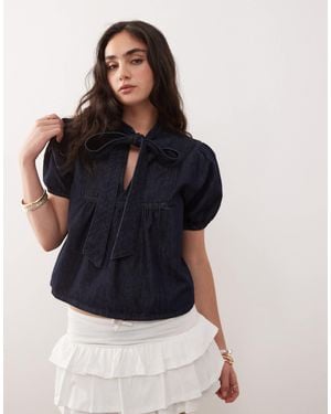 Reclaimed (vintage) Puff Sleeve Tie Neck Denim Top - Blue