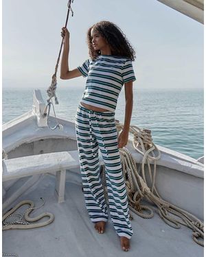 4th & Reckless Towelling Tie Waist Wide Leg Trousers Co-ord - Blue