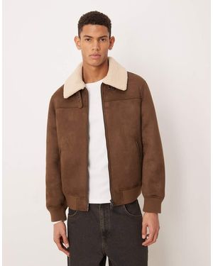 Mango Faux Suede Jacket With Borg Collar - Brown