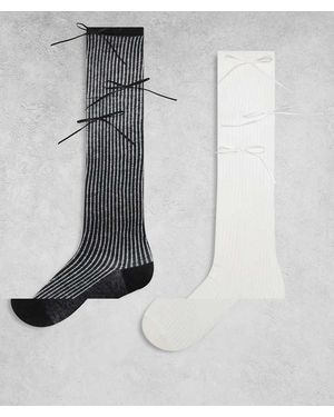 Kaiia Exclusive 2 Pack Ribbed Satin Bow Detail Knee High Socks - White