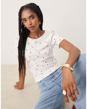 Jdy All Over Red Heart Print Ribbed T-shirt - White