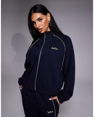 Kaiia Embroidered Logo Oversized Zip Up Sweatshirt - Blue