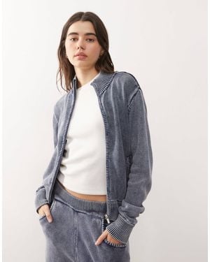 Collusion Acid Wash Waffle Zip-through Sweater - Blue