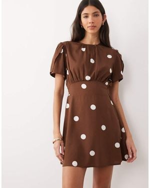 Wednesday's Girl Short Sleeve Brown Polka Dot Mini Dress