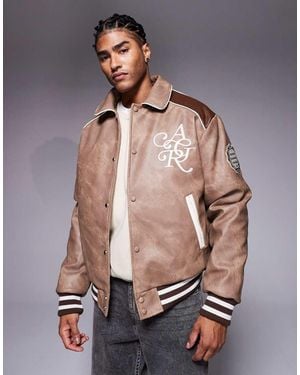 River Island Marbled Effect Faux Leather Varsity Jacket - Natural