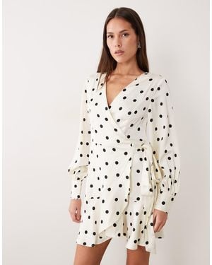 Vila Long Sleeve Satin Wrap Mini Dress - White