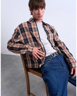 TOPMAN Regular Fit Textured Check Overshirt With Zip - Blue