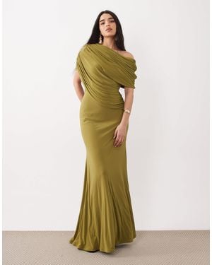 ASOS Off Shoulder Wrap Bodice Detail Maxi Dress With Train - Green