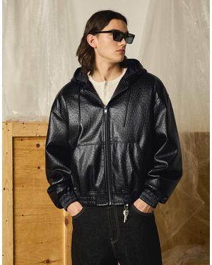 Bershka Faux Leather Hooded Jacket - Brown