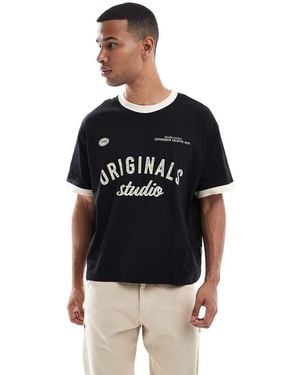 Jack & Jones Oversize Cropped Ringer T-shirt With Print - Black