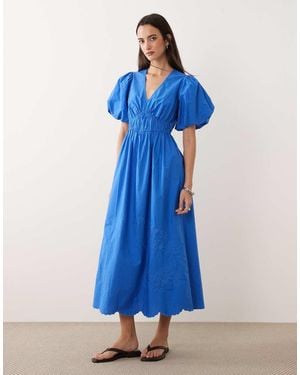 New Look Shirred Waist Midi Dress With Cutwork Detail - Blue