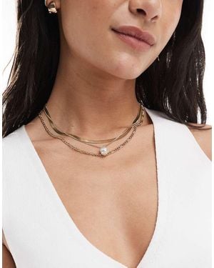 Pieces Multi Chain Necklace With Pearl Detail - Natural