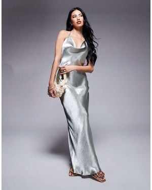 Aria Cove Liquid Satin Cowl Halterneck Low Back Maxi Dress - Grey