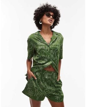 TOPSHOP Satin Palm Tree Shorts - Green