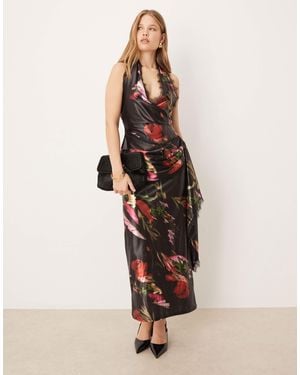 ASOS Printed Stretch Satin Draped Maxi Dress With Lace Detail - Natural