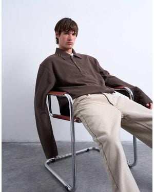 TOPMAN Boxy Fit Waffle Polo Sweat - Brown