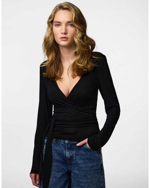 Pieces Roya Jersey V-neck Long Sleeve Stretch Wrap Top - Blue
