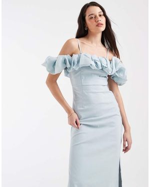 Object Vestido Largo Azul Pastel Con Escote Bardot Y Ribete De Volantes De Satén
