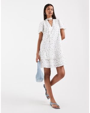 Vero Moda Poplin Tie Waist Lace Trim Ruffle Hem Mini Dress - White