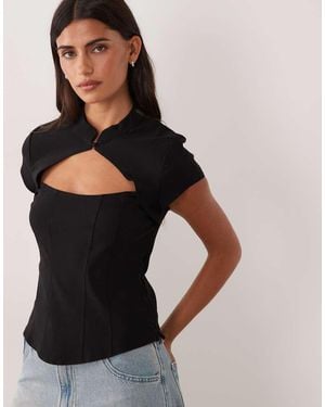 New Look Bengaline Corset Detail Mandarin Collar Top - Black