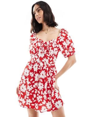Wednesday's Girl Bold Floral Puff Sleeve Mini Dress - Red