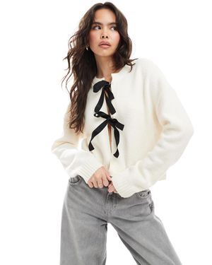 Brave Soul Cropped Cardigan With Black Ribbon Ties - White