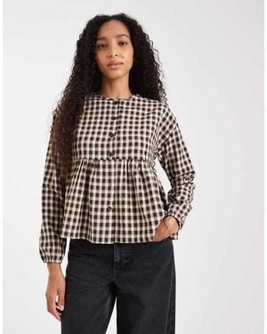 Threadbare Blusa A Cuadros Vichy Marrones De Manga Larga Con Botones Y Bajo De Sobrefalda De - Marrón