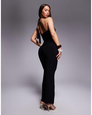 Fashionkilla Exclusive Double Sculpted Slinky Halterneck Rope Detail Drape Back Maxi Dress - Gray